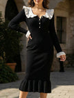 Black FJØRNA ruffle V-neck slim long sleeve dress, showcasing delicate ruffle details and fitted silhouette.