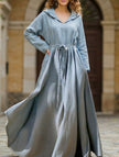 Light blue Cotton Linen Boho Hooded Dress by FJØRNA, casual wedding dress with relaxed fit and bohemian style.