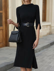 FJØRNA Office Slim Waist White Midi Dress displayed on a hanger, showcasing its sleek silhouette and minimalist style.