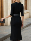 FJØRNA Office Slim Waist White Midi Dress displayed on a mannequin, showcasing a sleek, fitted design ideal for professional wear.