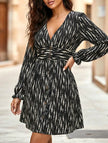 FJØRNA vertical stripe V-neck slim button dress in white, featuring a stylish design and fitted silhouette.