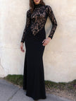 Black lace hollow mock neck bodycon dress by FJØRNA, featuring intricate lace details and a fitted silhouette.