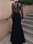 FJØRNA white lace hollow mock neck bodycon dress, form-fitting with intricate lace details, shown from the back on a mannequin.