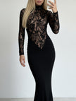 FJØRNA white lace hollow mock neck bodycon dress, featuring intricate lace details and a fitted silhouette, perfect for elegant occasions.