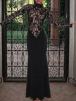 FJØRNA white lace hollow mock neck bodycon dress showcasing intricate lace details and fitted silhouette.