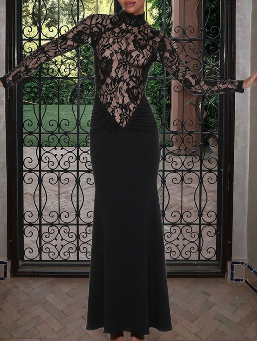 FJØRNA white lace hollow mock neck bodycon dress showcasing intricate lace details and fitted silhouette.