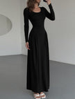 FJØRNA solid white U-neck fit and flare dress, stylish and elegant dress with a flared skirt, shown in the image.