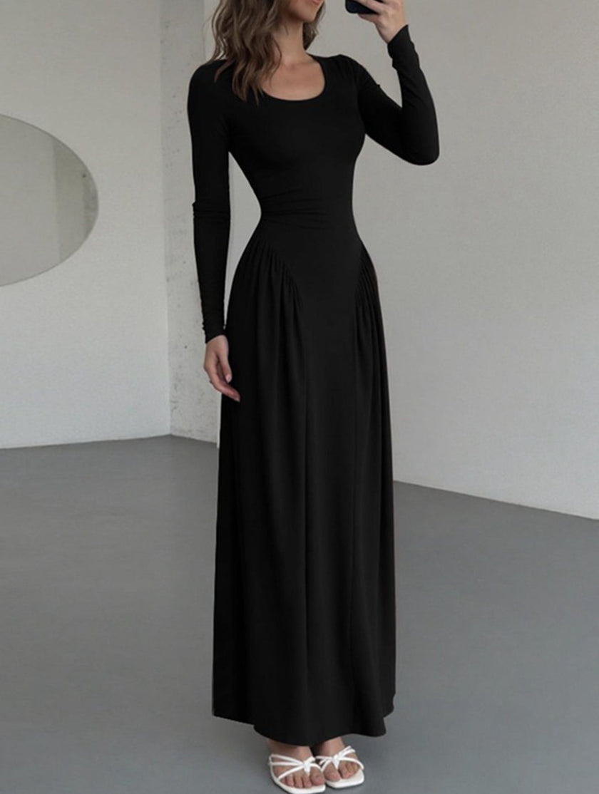 FJØRNA solid white U-neck fit and flare dress, stylish and elegant dress with a flared skirt, shown in the image.