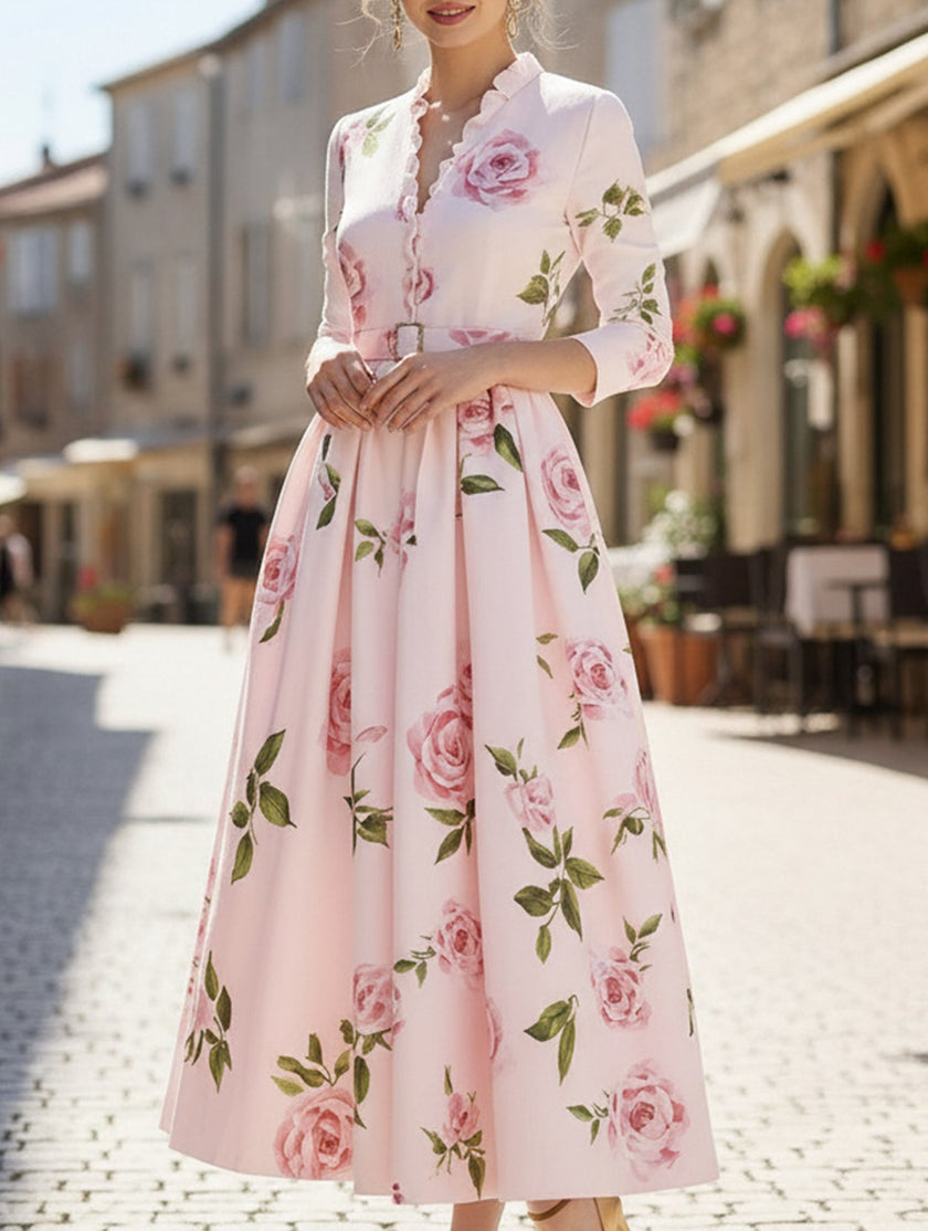 Print V Neck Waist A Line Dress – White Dress