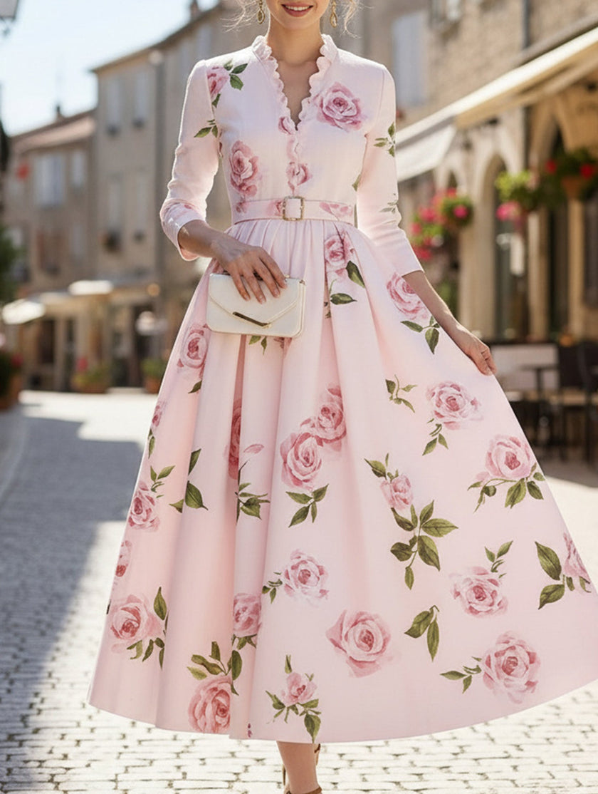 Print V Neck Waist A Line Dress – White Dress