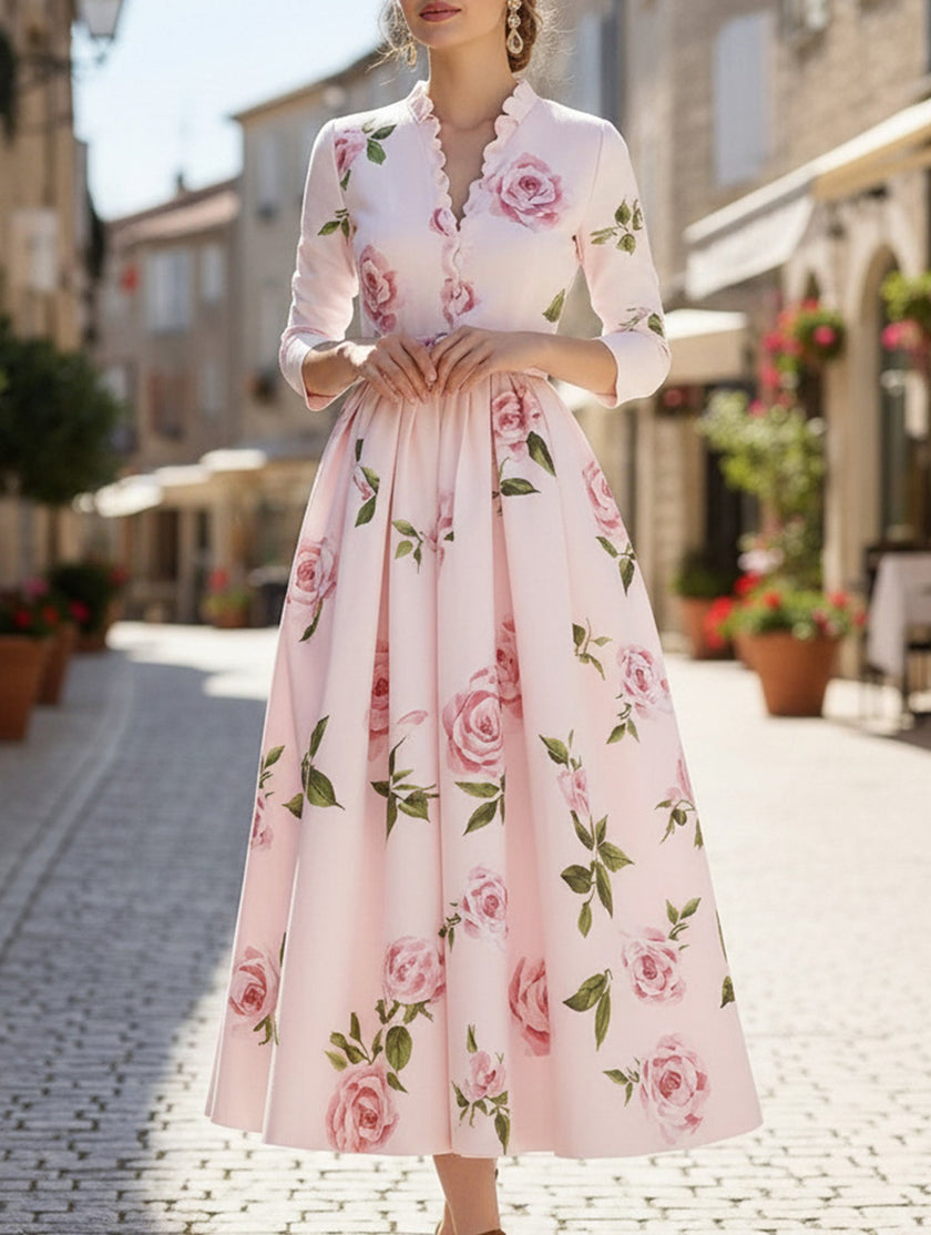 Print V Neck Waist A Line Dress – White Dress