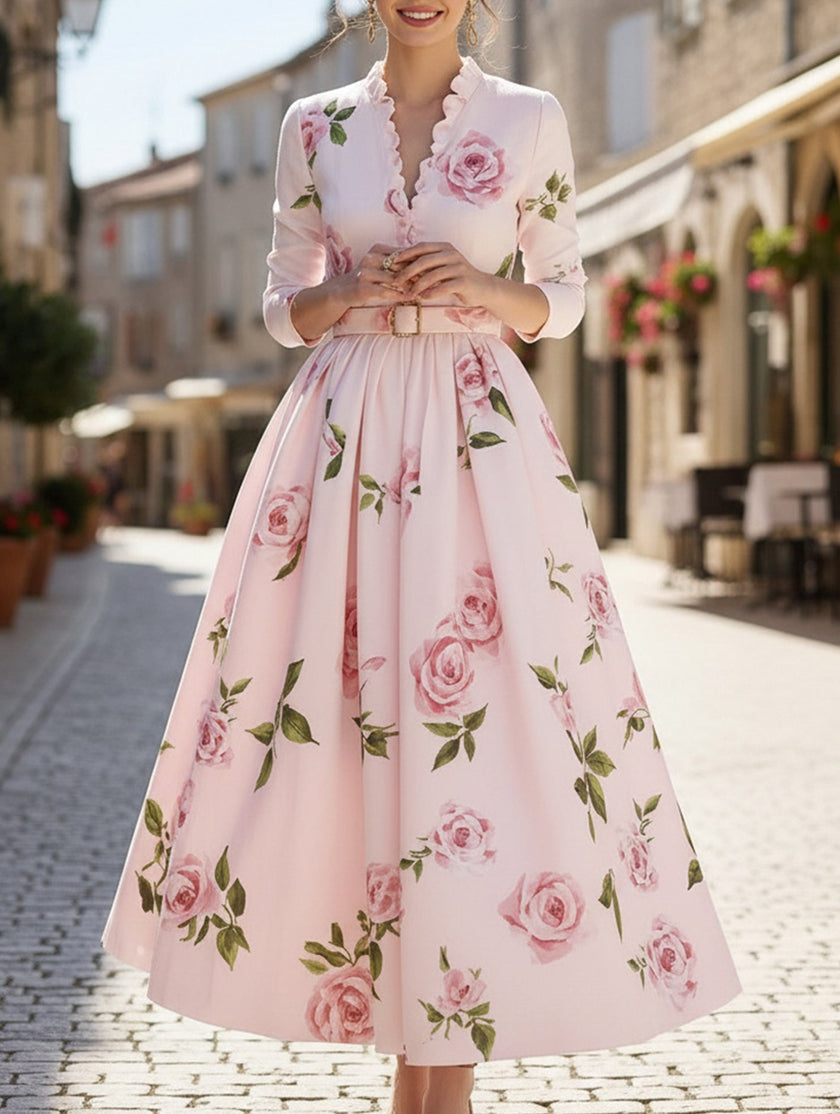 Print V Neck Waist A Line Dress – White Dress