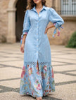 FJØRNA white lace tie sleeve shirt dress, featuring a classic collar, button-front, and elegant lace details, ideal for casual or dressy wear.