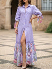 White lace tie sleeve shirt dress by FJØRNA, featuring a classic collar, button front, and elegant long sleeves.