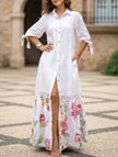 White lace tie sleeve shirt dress by FJØRNA with button front and relaxed fit, perfect for casual or dressy occasions.