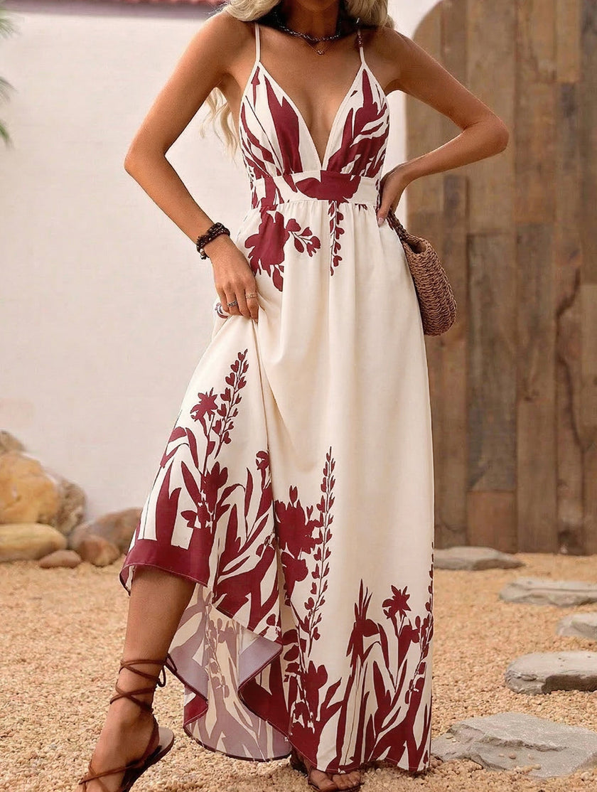 Red floral print backless cami maxi dress by FJØRNA, featuring a flowy silhouette and elegant design for summer wear.