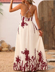 Red floral print backless cami maxi dress by FJØRNA, flowing fabric with spaghetti straps and elegant backless design.