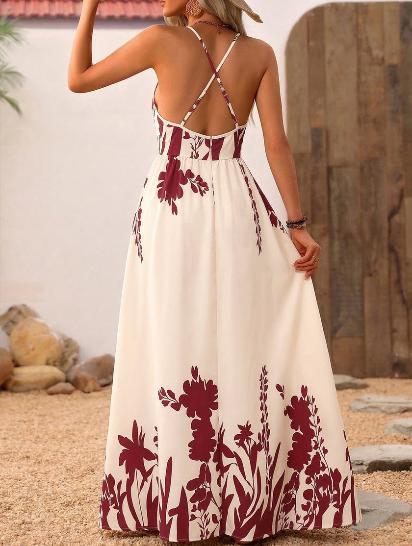 90s fashion dress Floral Print Backless Cami Maxi Dress – White Maxi Dress