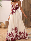 Red floral print backless cami maxi dress by FJØRNA, flowing design with shoulder straps and a vibrant, elegant pattern.