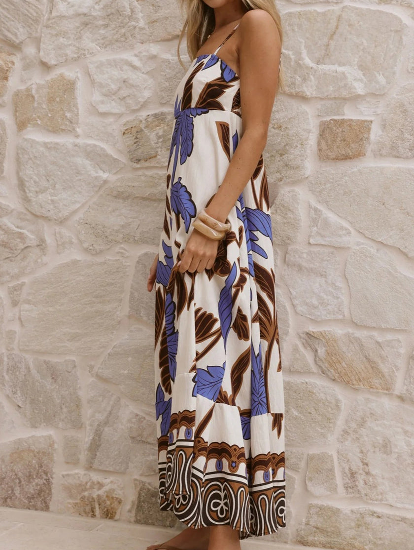 Multicolor tropical print cami maxi dress by FJØRNA featuring lightweight fabric and flowing silhouette, perfect for summer wear.