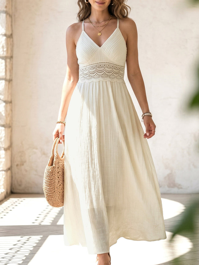 FJØRNA white halter lace patch V-neck maxi dress, stylish and elegant, featuring intricate lace details and flowing fabric.