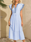 FJØRNA colorblock stripe flutter sleeve white dress with blue accents, lightweight and stylish for casual or semi-formal wear.