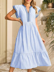 FJØRNA colorblock stripe flutter sleeve white dress with blue accents, stylish and lightweight for casual or summer wear.