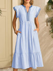 FJØRNA colorblock stripe flutter sleeve dress in white with blue accents, featuring a stylish and casual design.