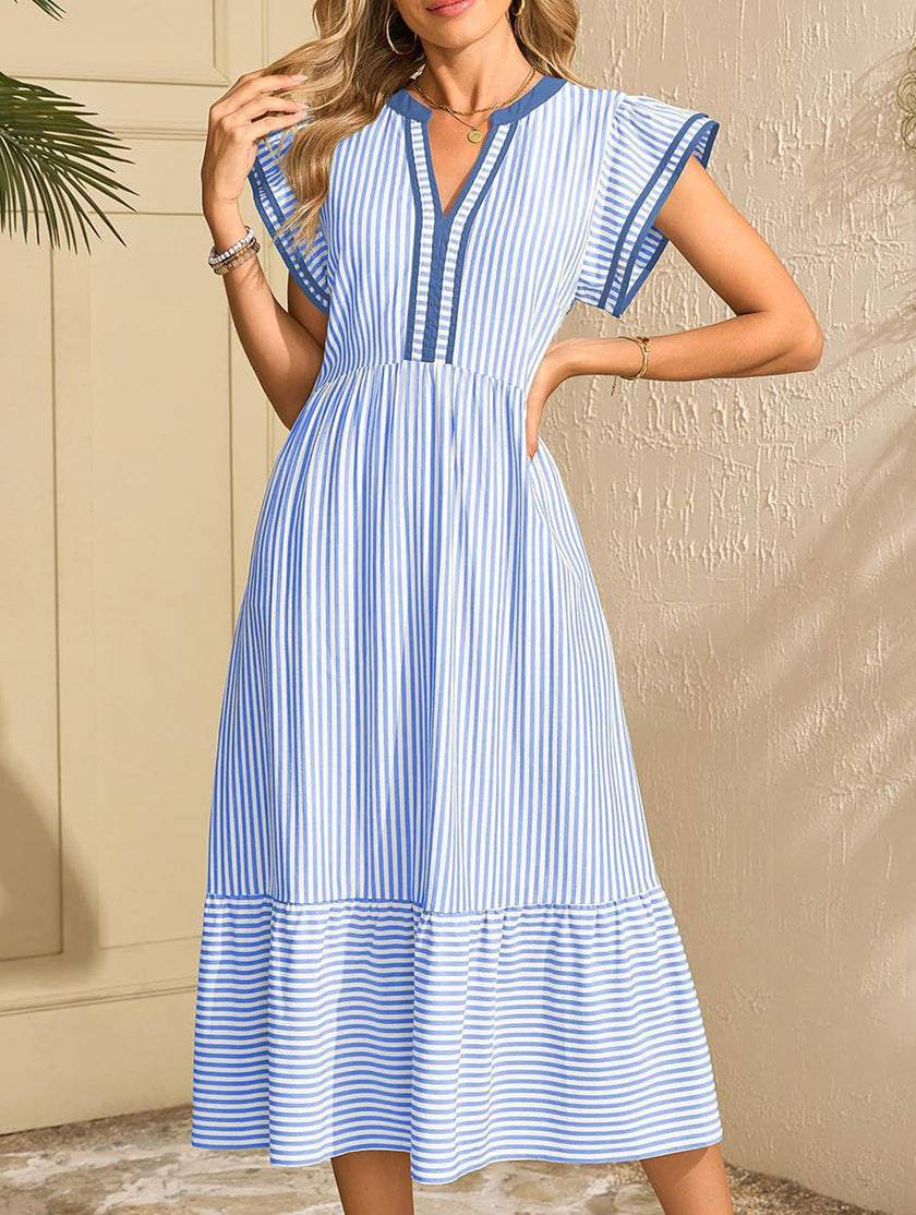 FJØRNA colorblock stripe flutter sleeve white dress with blue accents, featuring a stylish and comfortable women’s dress design.