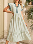 FJØRNA colorblock stripe flutter sleeve white dress with green accents, stylish and lightweight for casual wear.