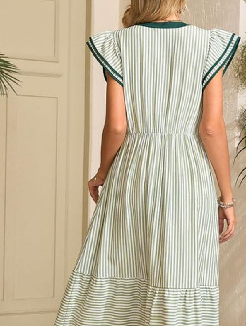 Green colorblock stripe Flutter Sleeve Dress by FJØRNA featuring a stylish design and flutter sleeves, perfect for casual or dressy occasions.