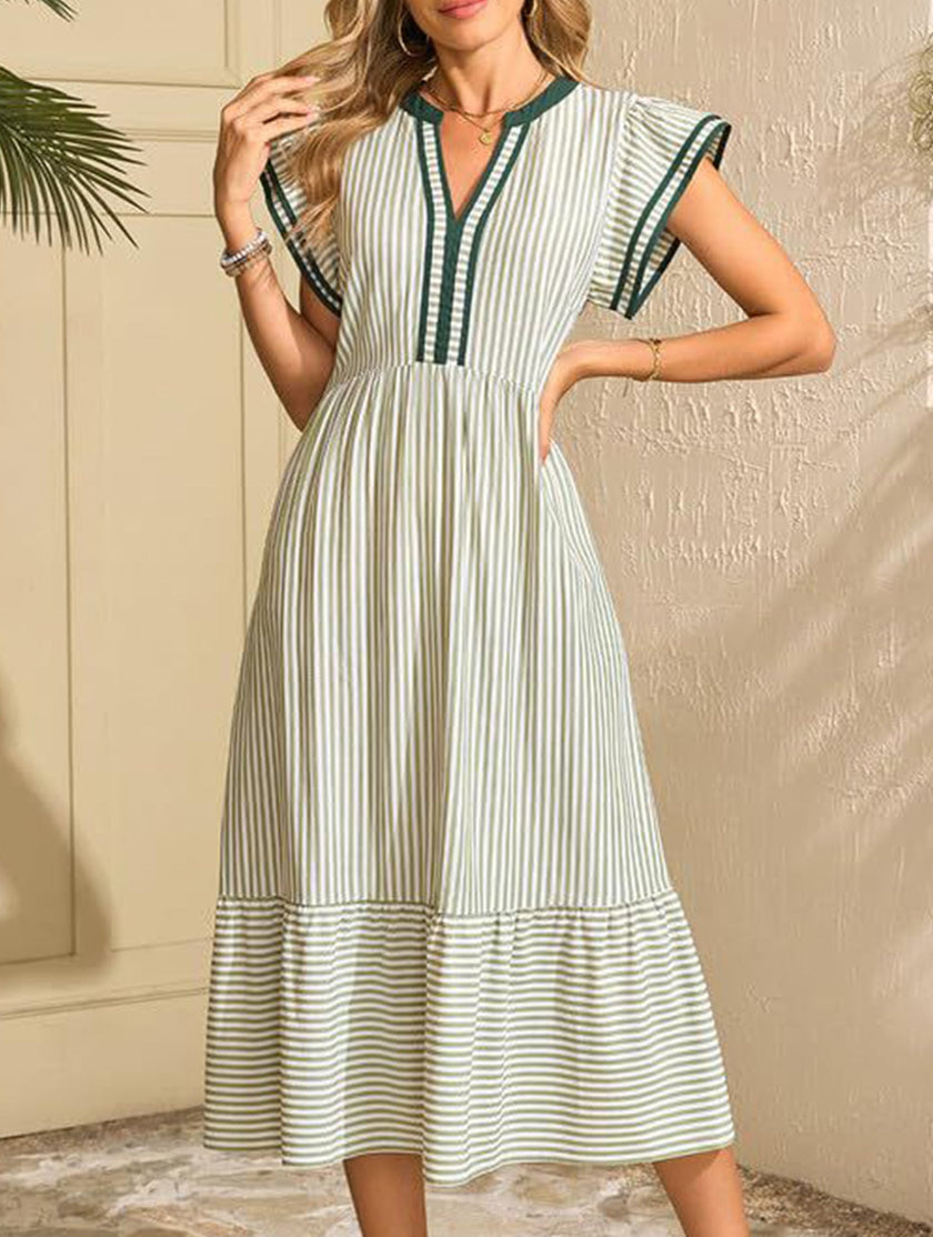 FJØRNA colorblock stripe flutter sleeve white dress with green accents, featuring a stylish and comfortable design.