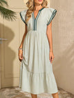FJØRNA colorblock stripe flutter sleeve white dress with green accents, stylish and feminine, perfect for casual or semi-formal wear.