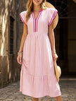 FJØRNA colorblock stripe flutter sleeve dress in white with pink accents, featuring a stylish, lightweight design.