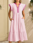 FJØRNA colorblock stripe flutter sleeve white dress with pink accents, stylish and lightweight for casual or dressy occasions.