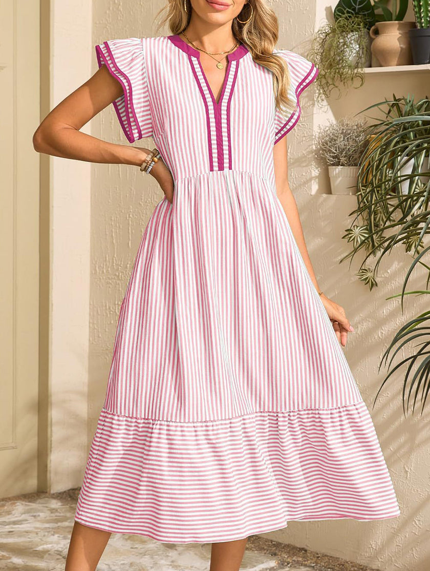 FJØRNA colorblock stripe flutter sleeve dress in white with pink accents, featuring a stylish, flowy design for casual or semi-formal wear.