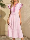 FJØRNA colorblock stripe flutter sleeve white dress with pink accents, lightweight and stylish for casual or semi-formal occasions.