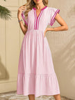 FJØRNA colorblock stripe flutter sleeve white dress with pink accents, casual summer dress with flowing fabric and stylish design.