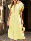 FJØRNA colorblock stripe flutter sleeve white dress with yellow accents, casual and stylish for warm weather.
