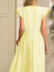 FJØRNA colorblock stripe flutter sleeve white dress with yellow accents, stylish and comfortable for casual wear.