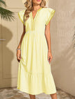 FJØRNA colorblock stripe flutter sleeve white dress with yellow accents, stylish and lightweight for casual or semi-formal wear.