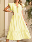 FJØRNA colorblock stripe flutter sleeve white dress with yellow accents, stylish and lightweight for casual or semi-formal wear.