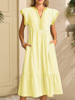 FJØRNA colorblock stripe flutter sleeve white dress with yellow accents, stylish and lightweight for casual or summer wear.