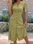 White Doll Collar Short Sleeve Dress by FJØRNA, featuring a classic style with a fitted bodice and flared skirt.