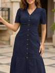 White doll collar short sleeve dress by FJØRNA, featuring a classic design with a fitted bodice and flared skirt.