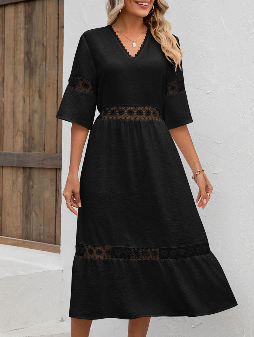 FJØRNA V neck hollow short sleeve white dress, stylish and elegant, with a flowy silhouette and short sleeves.