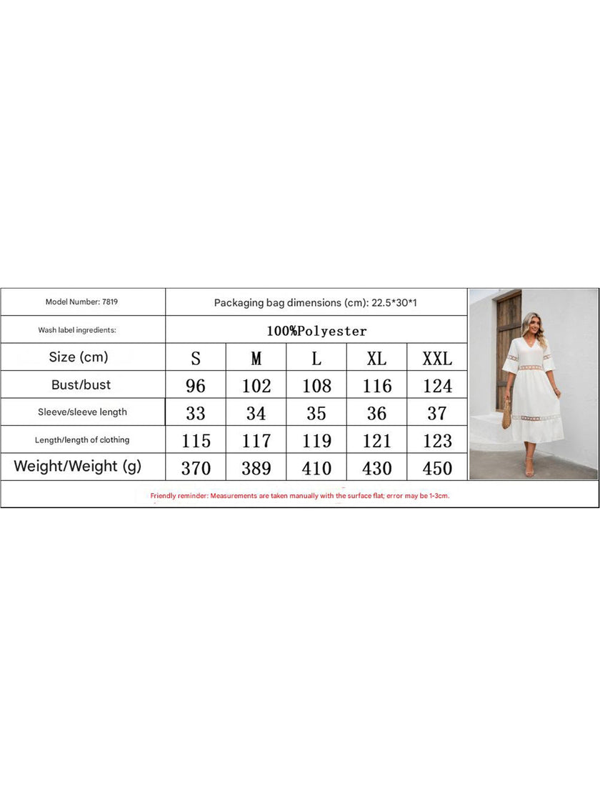 White V-neck hollow short sleeve dress by FJØRNA, featuring a sleek, stylish design perfect for casual or semi-formal occasions.
