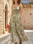 Green FJØRNA cami slim fit maxi dress with spaghetti straps and flowy silhouette, perfect for casual or summer wear.