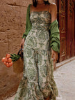 Green FJØRNA slim fit maxi dress, casual style with spaghetti straps and flowing fabric, perfect for summer wear.