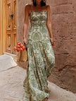 Green FJØRNA cami slim-fit maxi dress, sleeveless with a flowing silhouette and subtle floral pattern, perfect for summer wear.